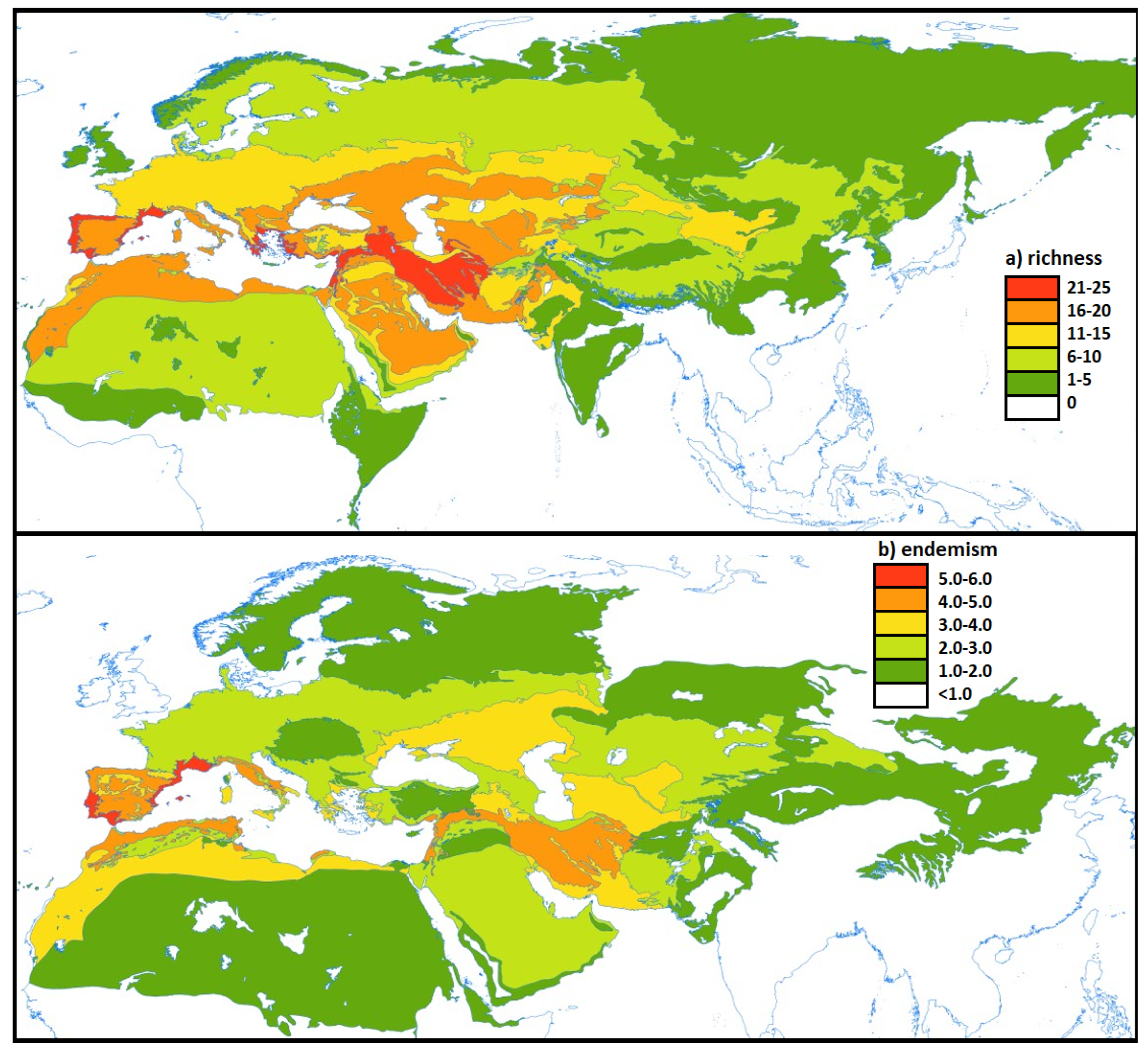 Map of the Macaronesian archipelagos showing island-level endemic shrub richness, inferred climatic refugia, and major phylogeographic breaks.