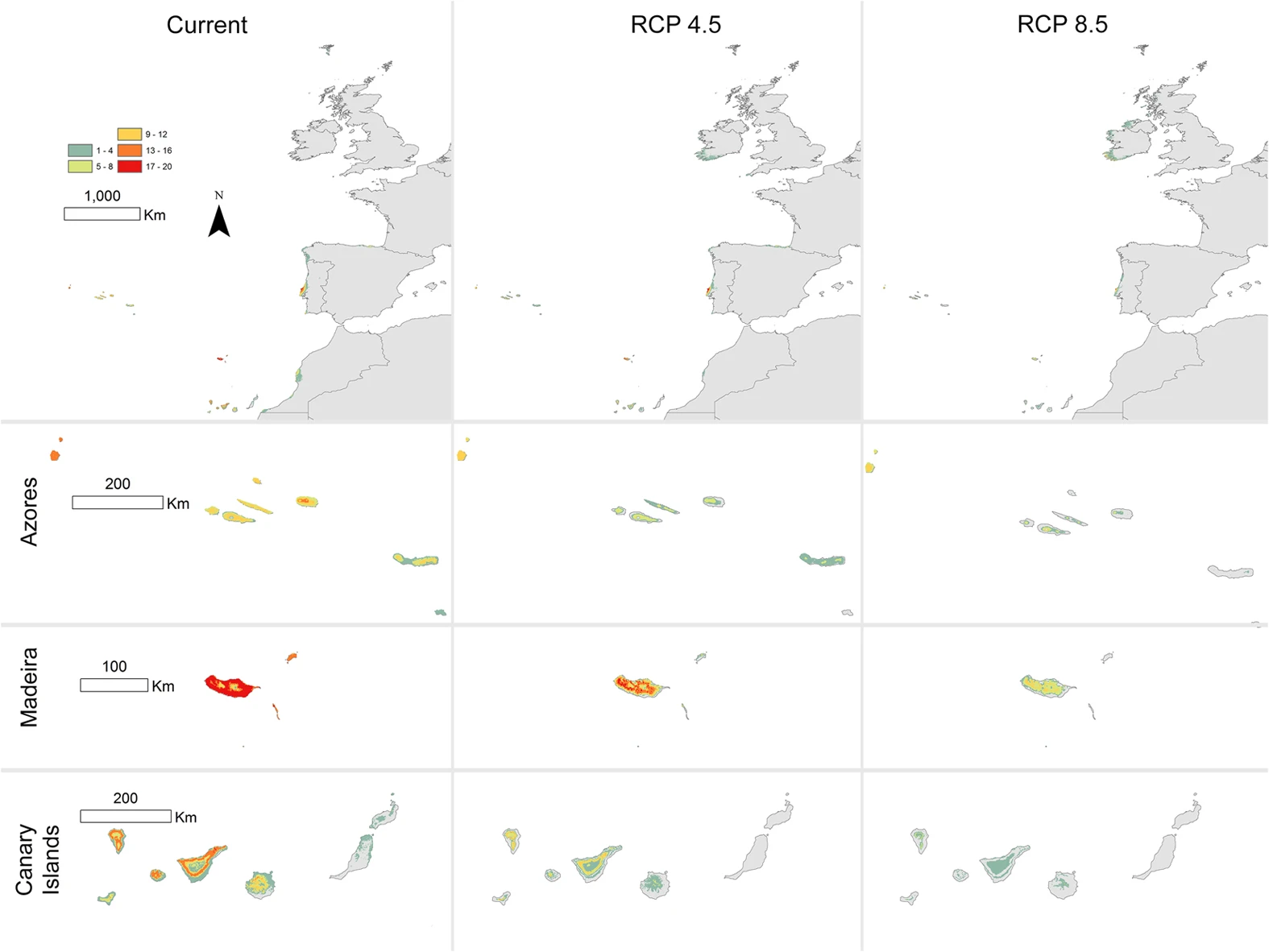 Analytical multipanel figure showing phylogeographic clustering and functional turnover across island pairs, with color indicating aridity contrast and point size indicating summed refugial persistence.